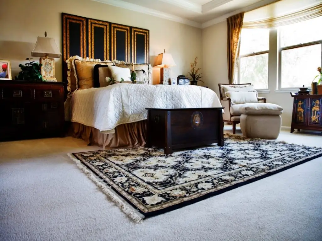 A bedroom with a large Persian rug on the floor