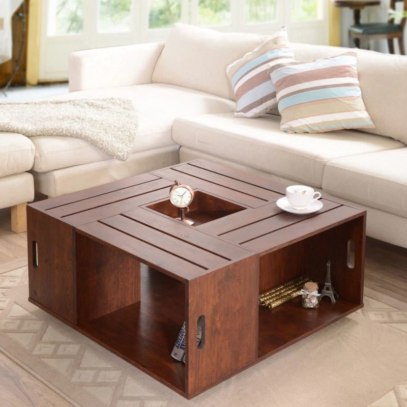 Square coffee table with a built-in magazine rack, perfect for small living rooms.